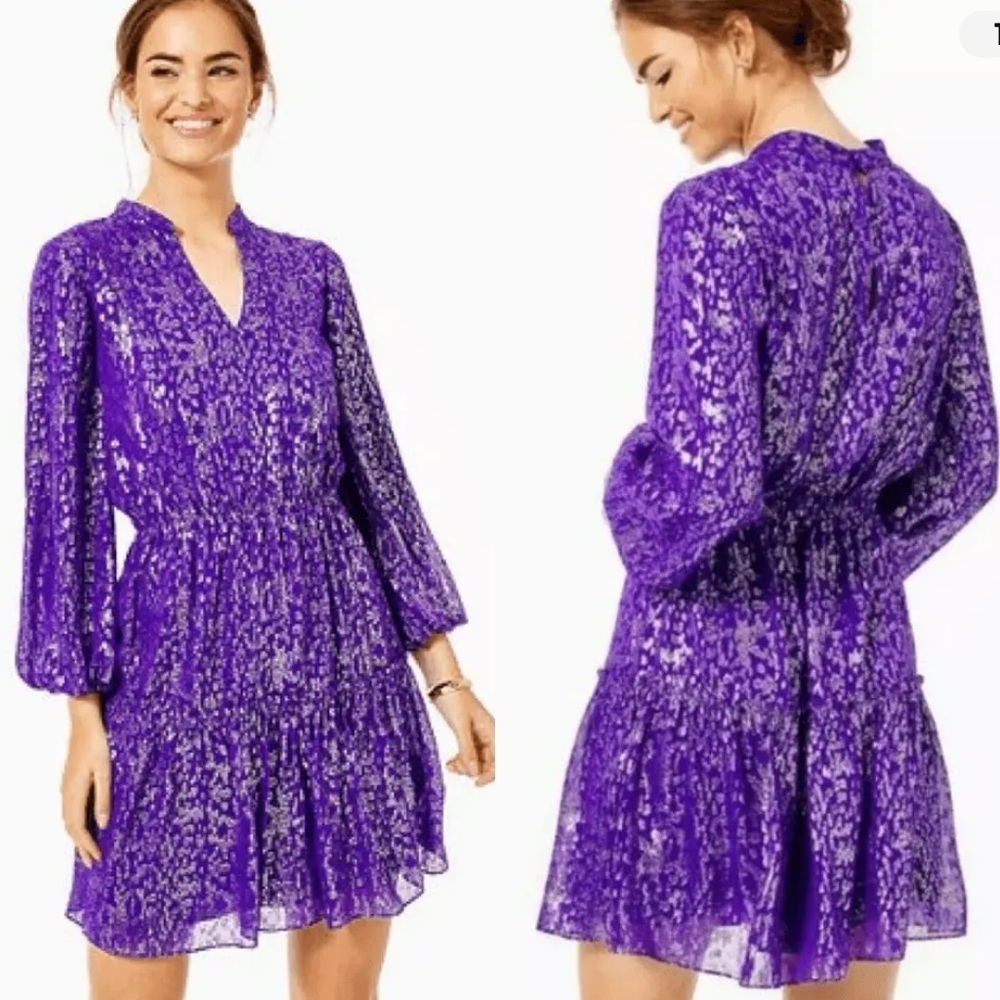 Lilly Pulitzer NWT Joella Silk Dress Purple Wildside Metallic Dress Size 0